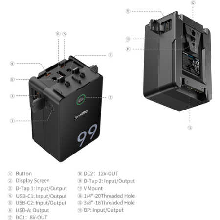 SmallRig 5046B - zestaw, akumulator VB99 Pro mini + składana płytka montażowa V-Mount - szczegóły akumulatora
